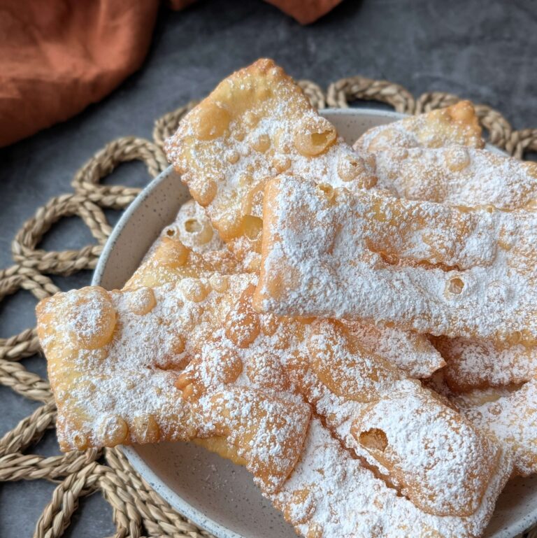 A bowl or traditional Galani, sweet venetian carnival crackers