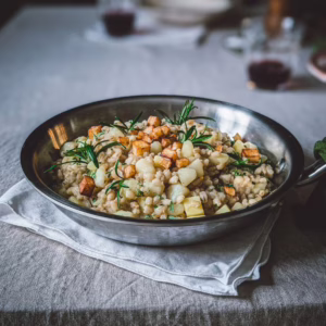 Pan of Rustic orzotto of barley with potato and garden rosemary on a table dressed with a light grey tablecloth. Two vintage plates, two glasses of red wine, a pepper mill, a vase with pink flowers and a trinket with salt visible in the background.