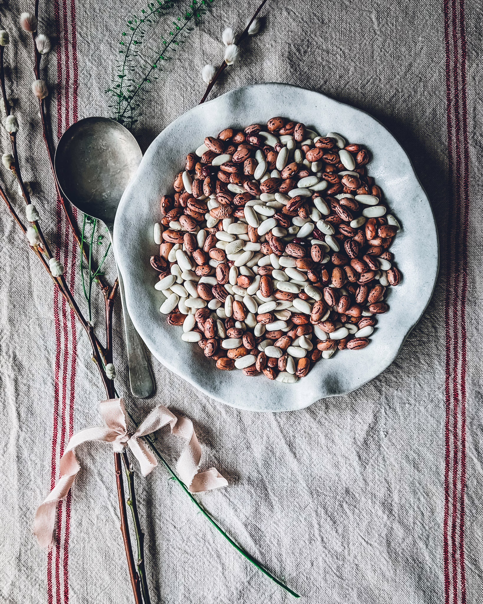 Plate full of raw cannellini and borlotti beans, on a red striped towel, next to a vintage silver spoon and some flowers