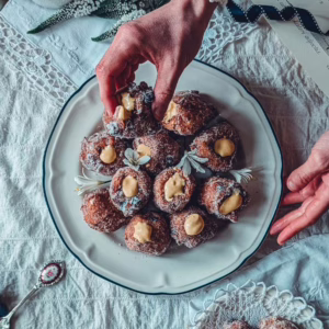 Person taking one fritella from a serving plate filled with frittelle with zabaione