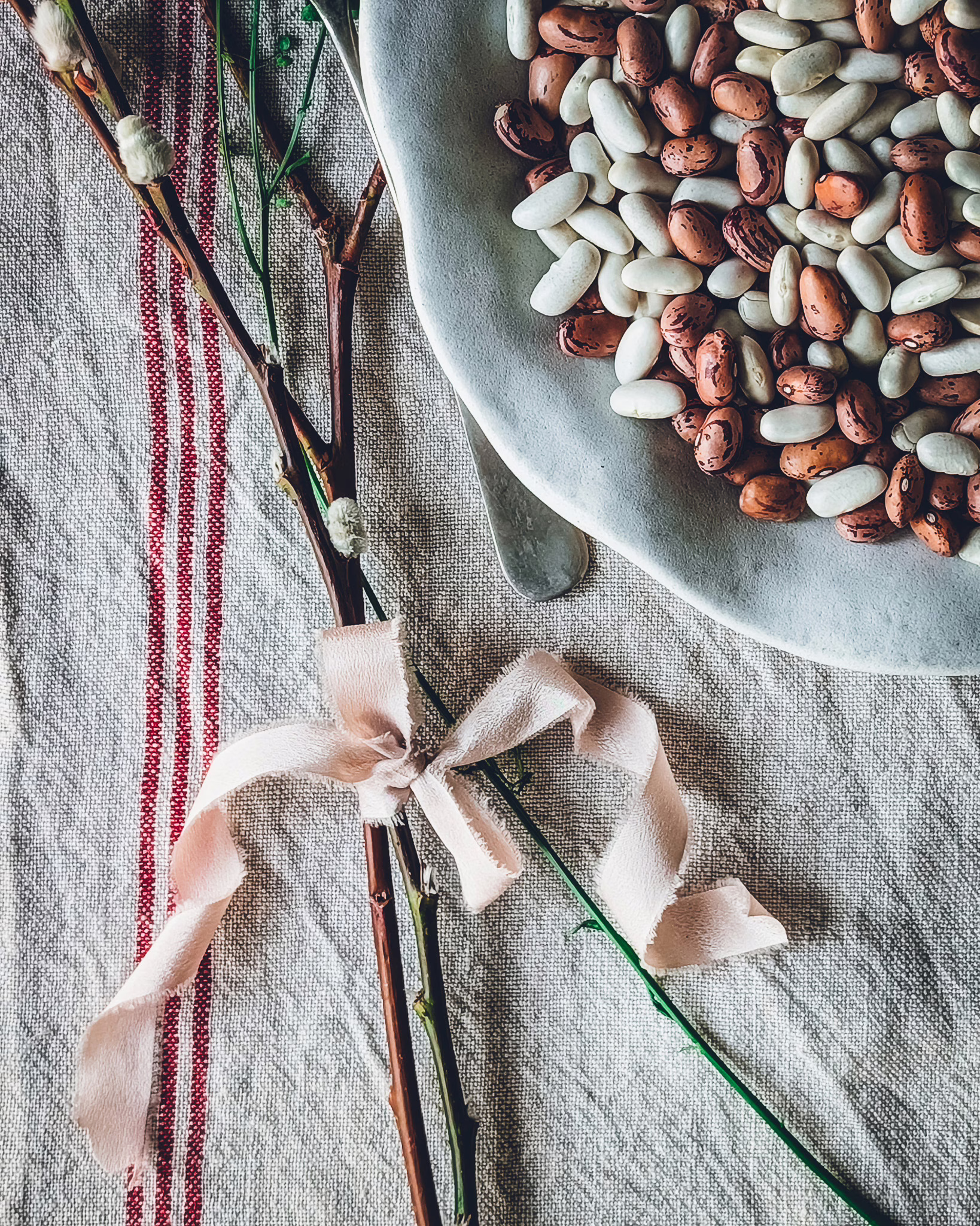 Detail of Plate full of raw cannellini and borlotti beans, on a red striped towel, next to a vintage silver spoon and some flowers