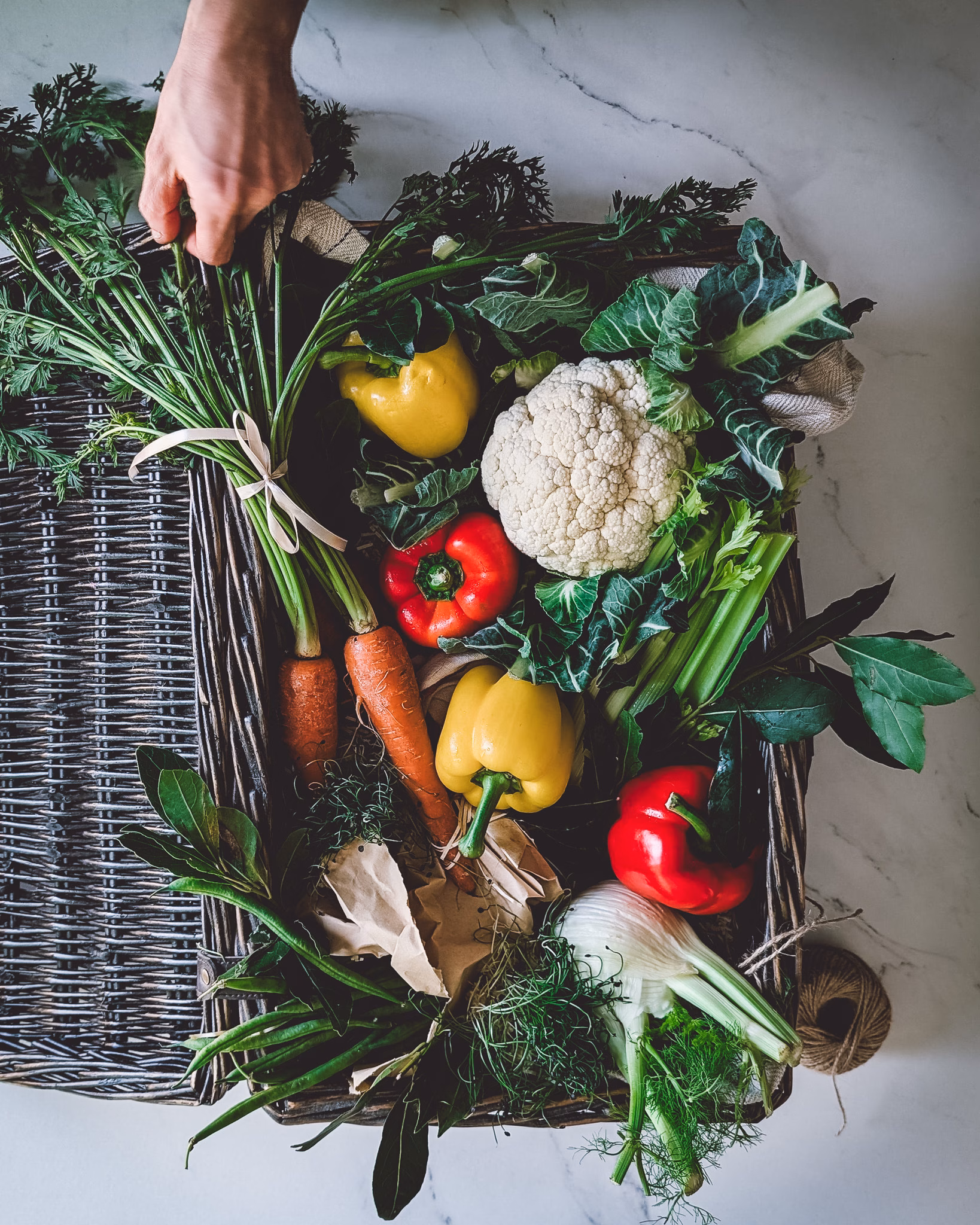 Fresh giardiniera ingredients in a wicker basket on marble surface – red and yellow peppers, cauliflower, carrots, fennel, celery, dill, and herbs ready for pickling