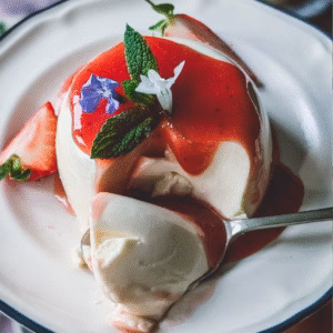 A beautifully styled authentic Italian panna cotta with strawberry sauce turned out on a vintage ceramic plate, topped with vibrant violas.