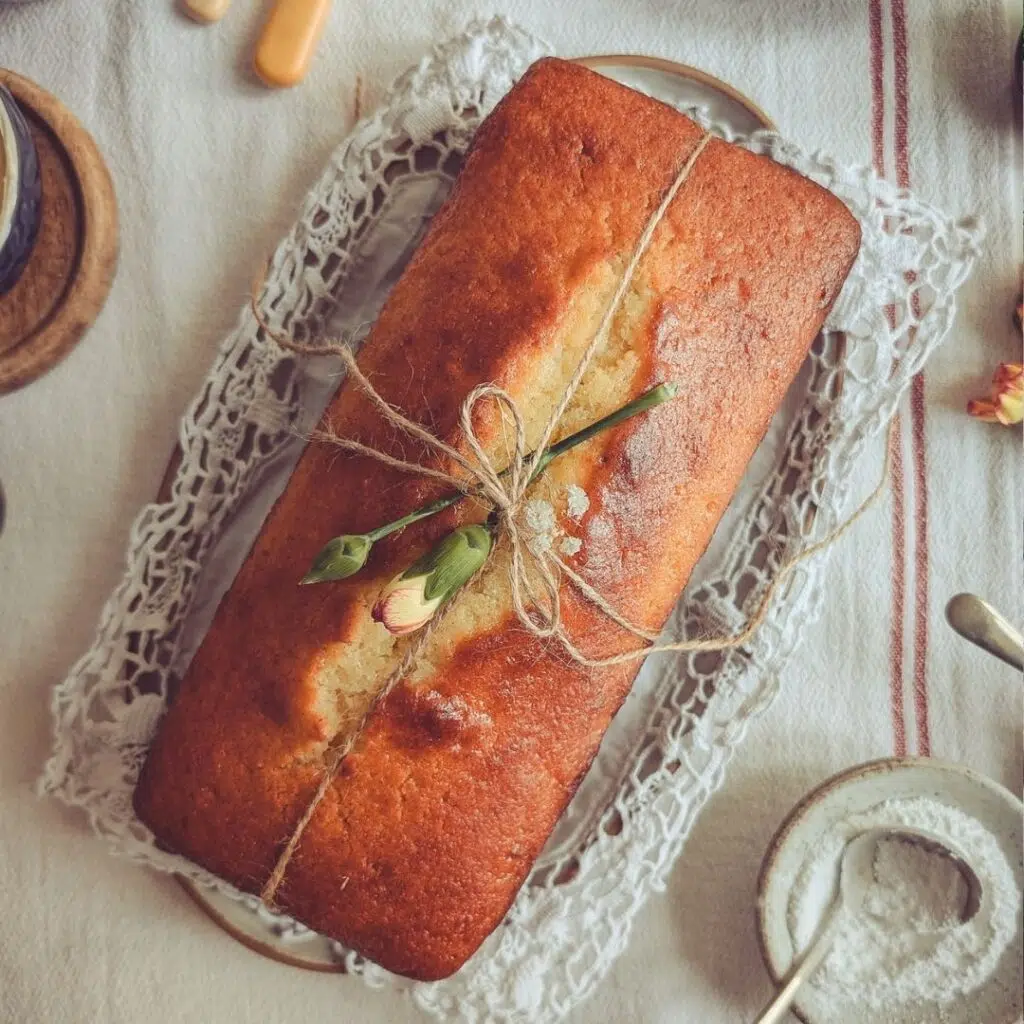 Yoghurt and rose loaf cake (Italian plum cake) on a table