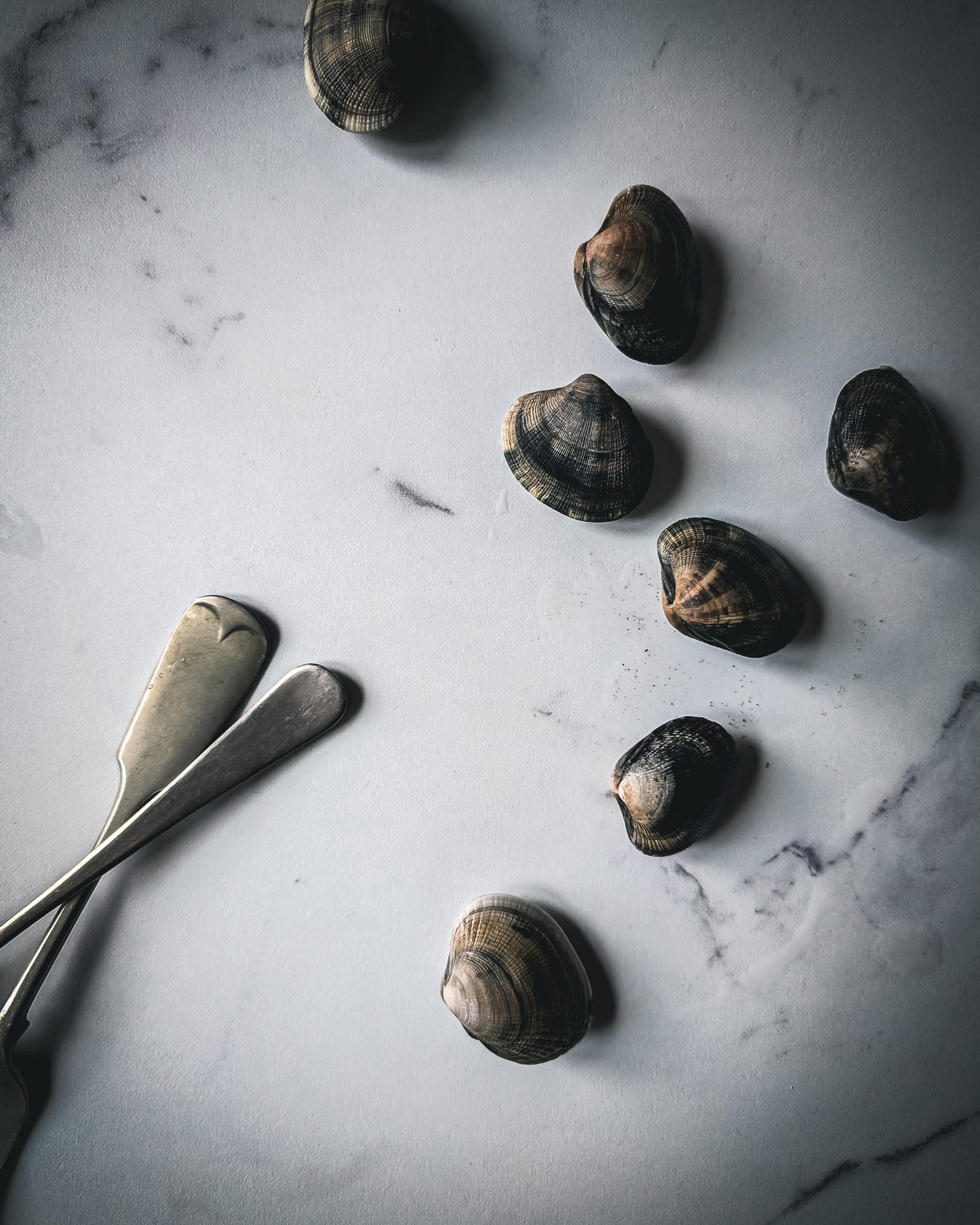 Bunch of vongole on a marble table with some cutlery.